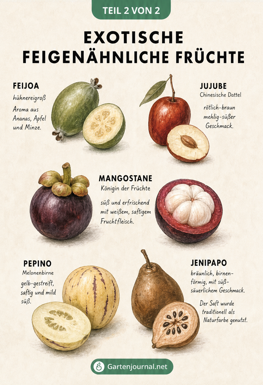 Historisches Naturforscher-Plakat mit fünf exotischen feigenähnlichen Früchten: Feijoa, Jujube, Mangostane, Pepino und Jenipapo