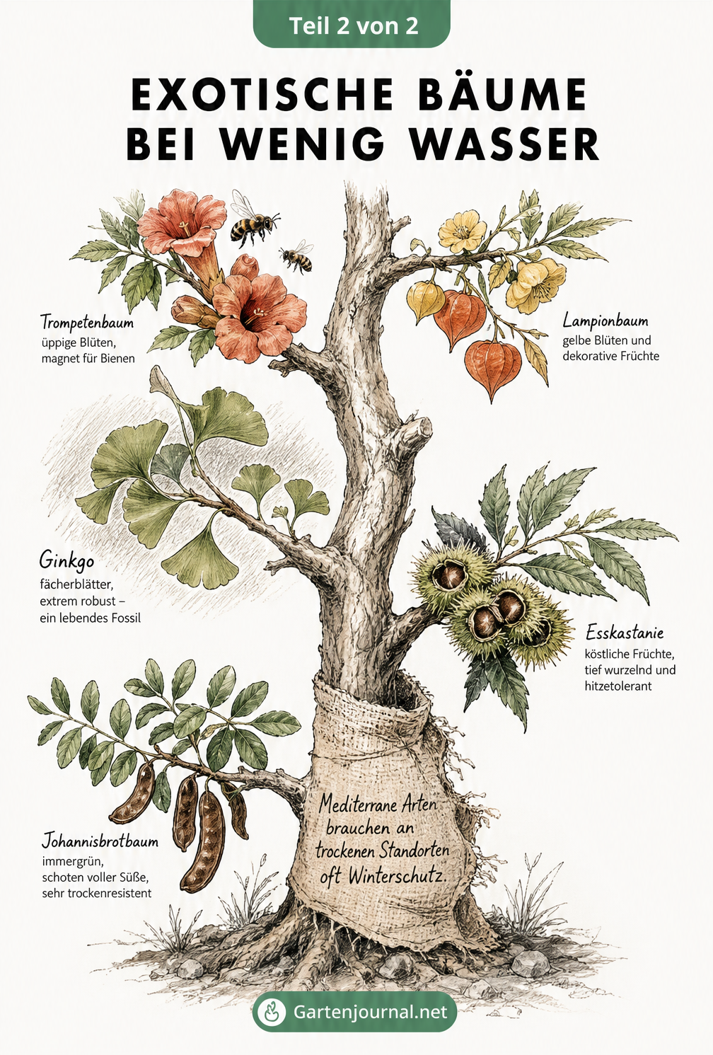 Zeichnung exotischer und mediterraner Bäume wie Trompetenbaum, Lampionbaum, Ginkgo, Esskastanie und Johannisbrotbaum an einem knorrigen Stamm