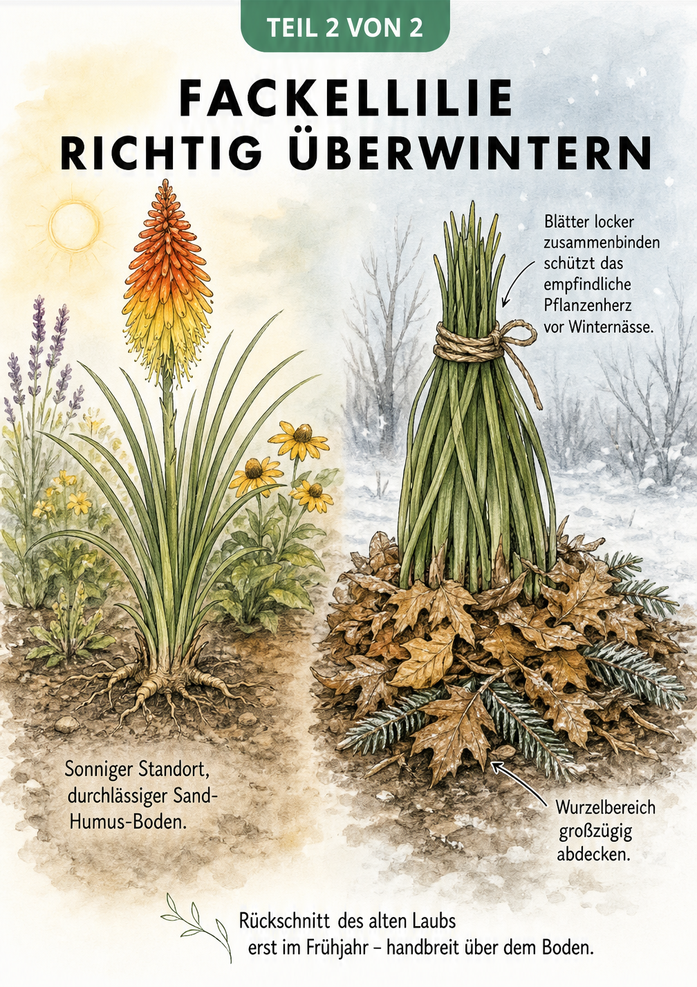 Zeichnung einer Fackellilie im Winter mit zusammengebundenen Blättern und abgedecktem Wurzelbereich