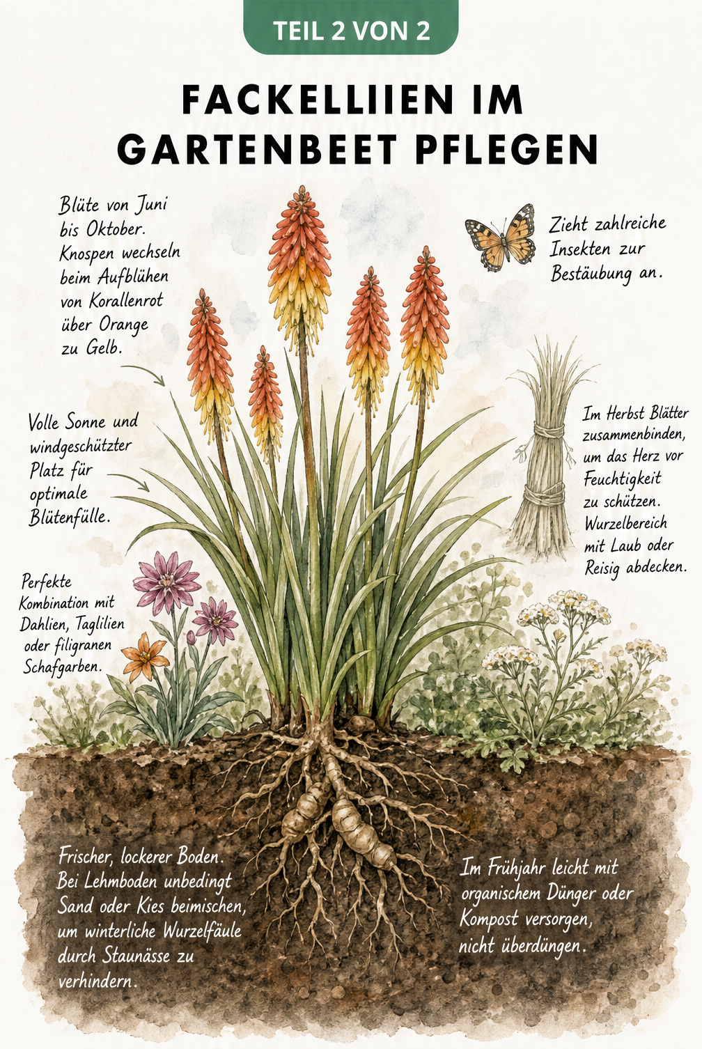 Aquarellierte Querschnitts-Illustration einer Fackellilie im Gartenbeet mit Wurzelwerk und Pflegetipps