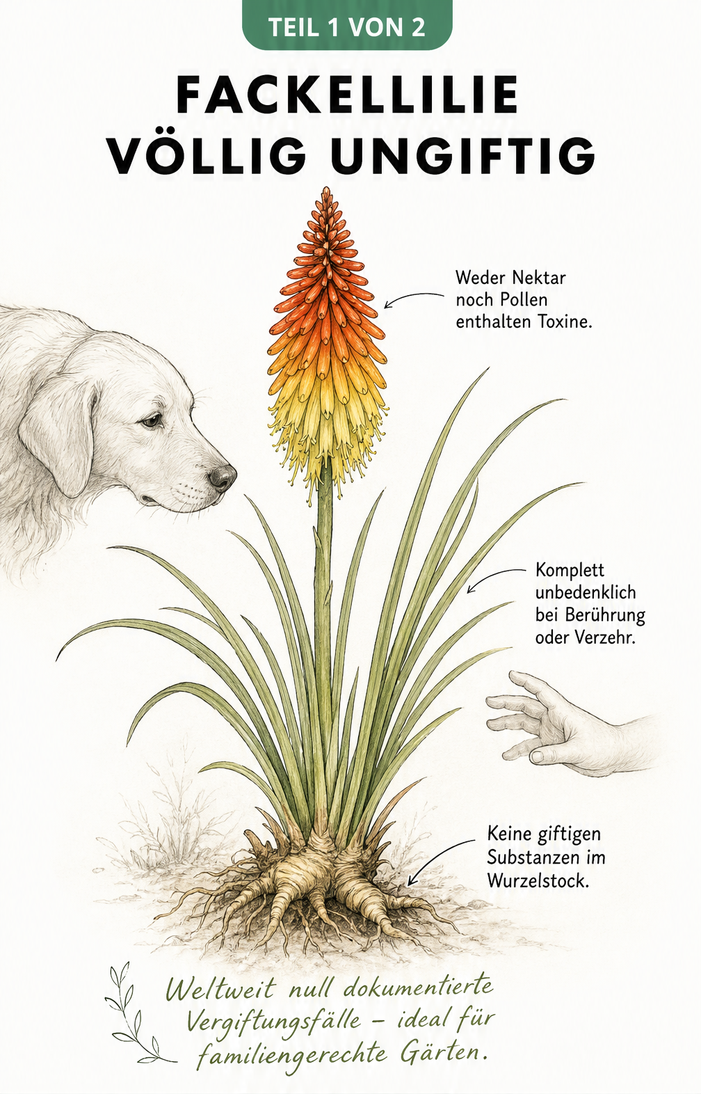 Botanische Illustration einer Fackellilie mit Hinweisen zur Ungiftigkeit von Blüten, Blättern und Wurzeln