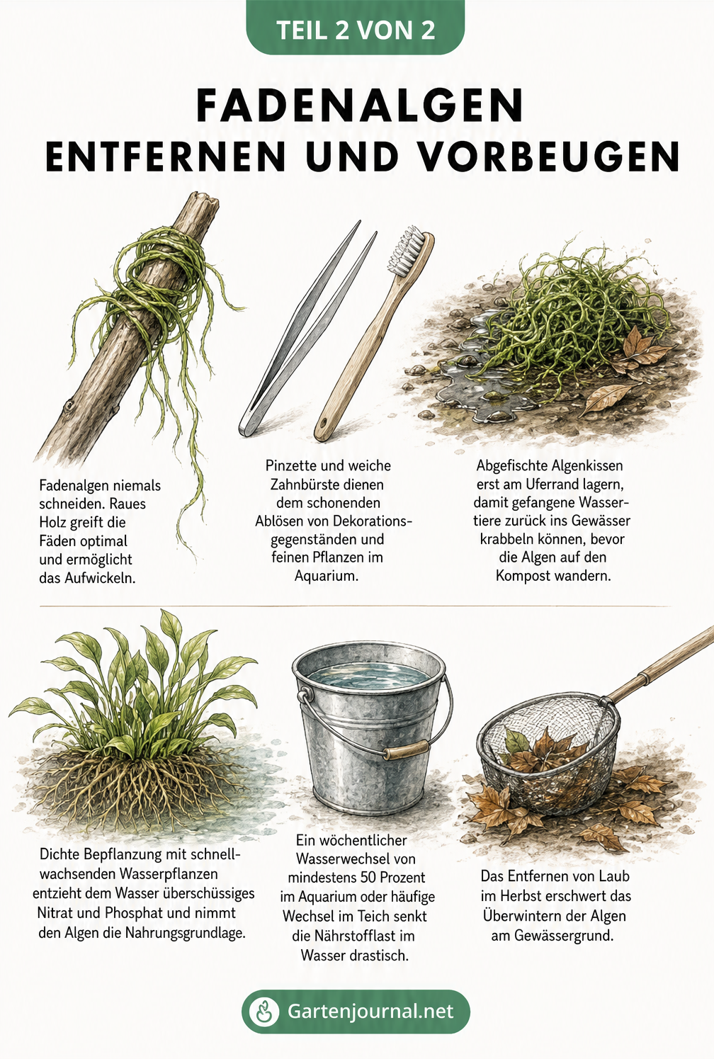 Illustration zur Entfernung von Fadenalgen mit einem Holzstab und Vorbeugung durch dichte Bepflanzung und Wasserwechsel.