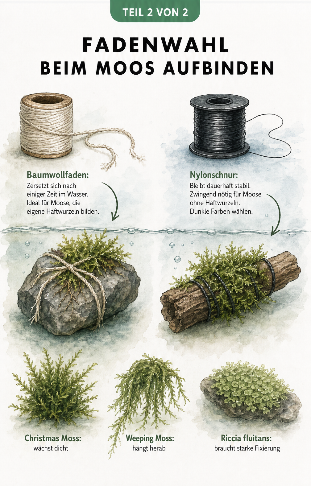Vergleich von Baumwollfaden und Nylonschnur zum Aufbinden von Aquarienmoos auf Steine und Holz