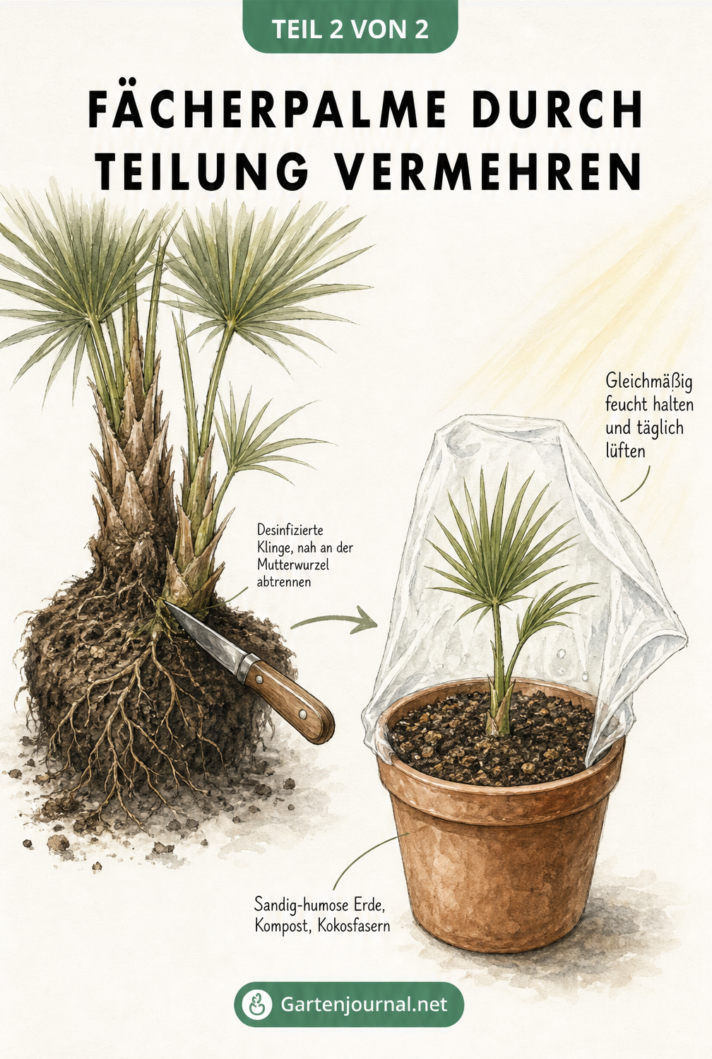 Illustration zur Teilung einer Fächerpalme: Ein Seitentrieb wird mit einem desinfizierten Messer von der Mutterpflanze abgetrennt und in einen neuen Topf mit...
