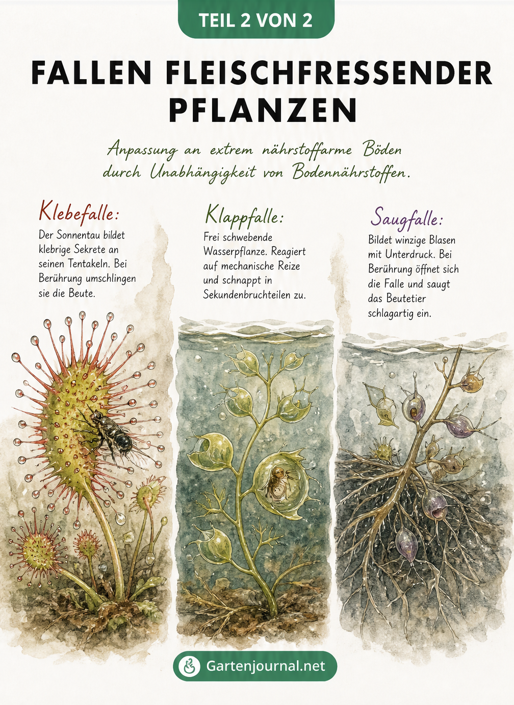 Illustration von Sonnentau, Wasserradpflanze und Wasserschlauch in ihren natürlichen Habitaten