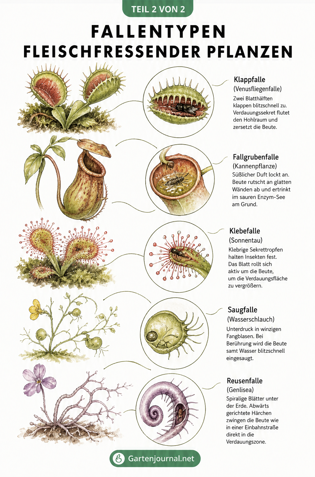 Botanische Schautafel mit fünf verschiedenen Fallentypen fleischfressender Pflanzen und Lupen-Ansichten der Fangmechanismen
