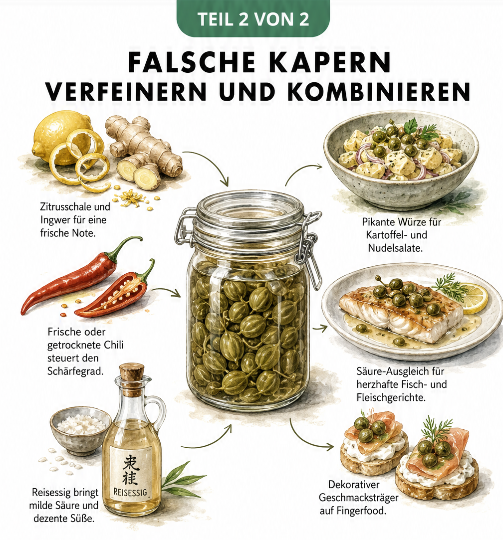 Illustration eines Einmachglases mit Falschen Kapern, umgeben von Zutaten wie Zitrone, Chili und Gerichten wie Kartoffelsalat