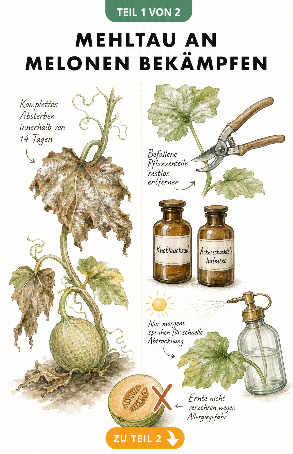 Illustration einer Melonenranke mit falschem Mehltau, Gartenschere und Hausmitteln wie Knoblauchsud