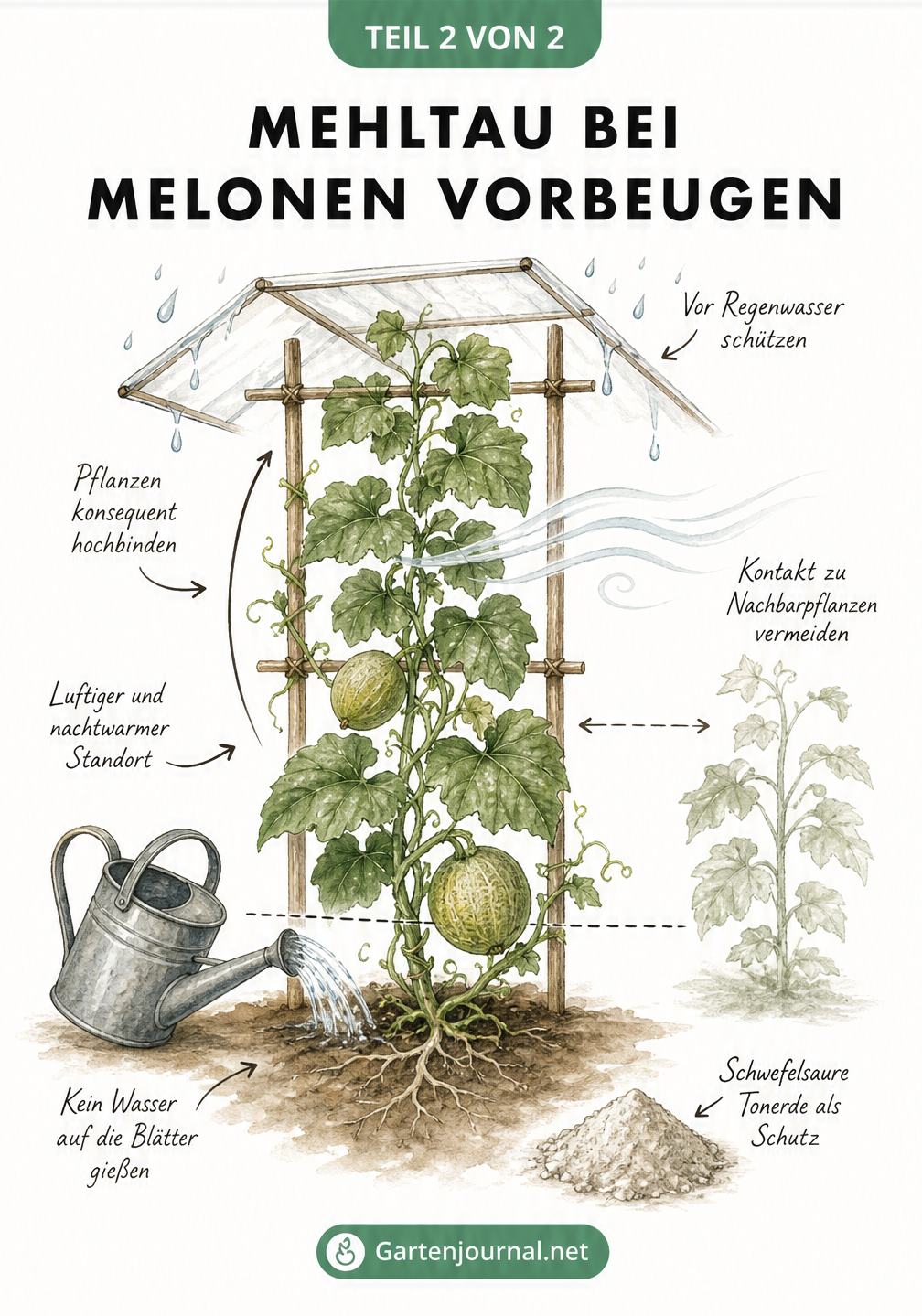 Skizze eines Melonenbeets mit Spalier, Regenschutz und Gießkanne zur Vorbeugung von Mehltau