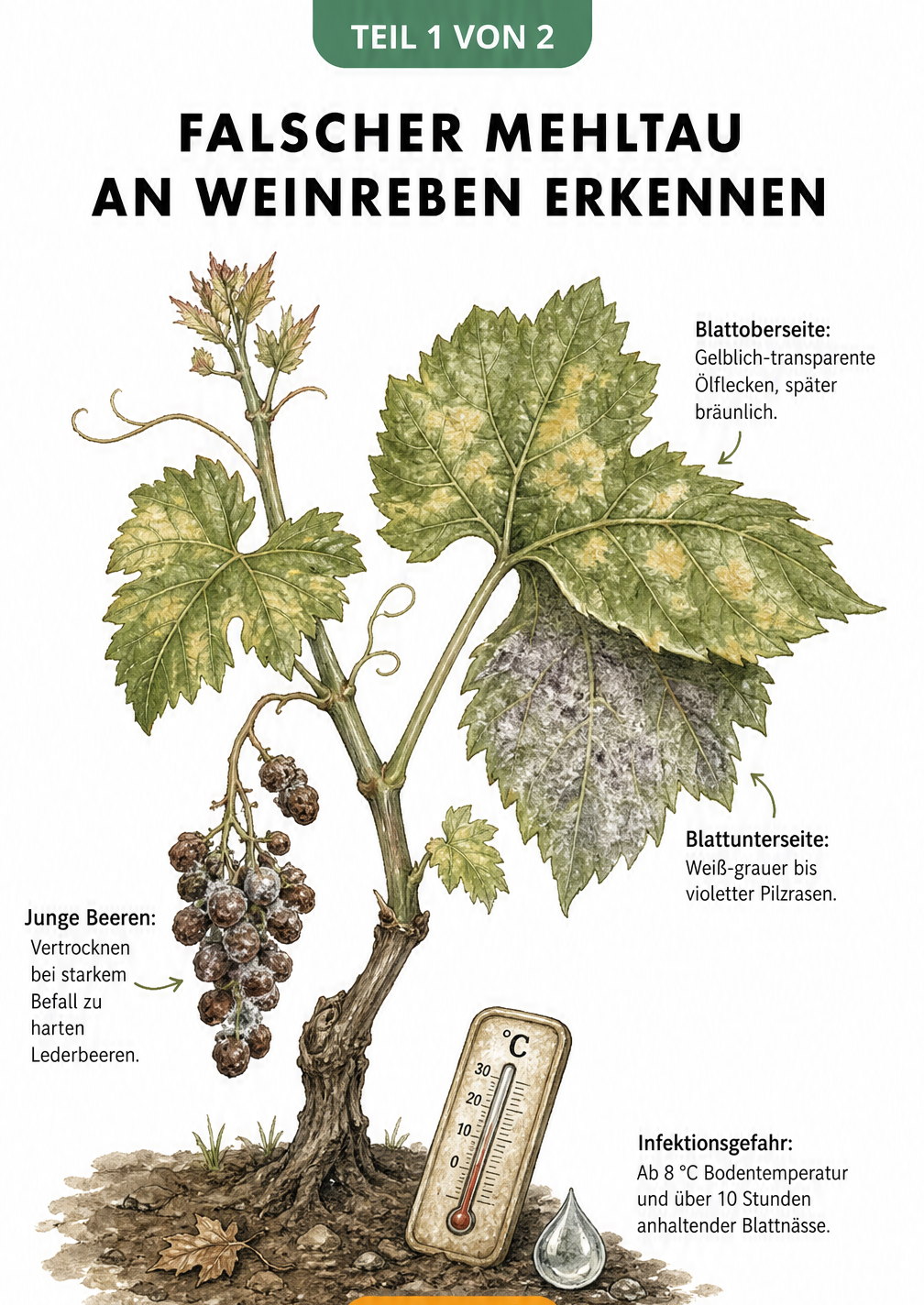 Botanische Illustration eines Weinrebentriebs mit Symptomen von Falschem Mehltau an Blättern und Beeren
