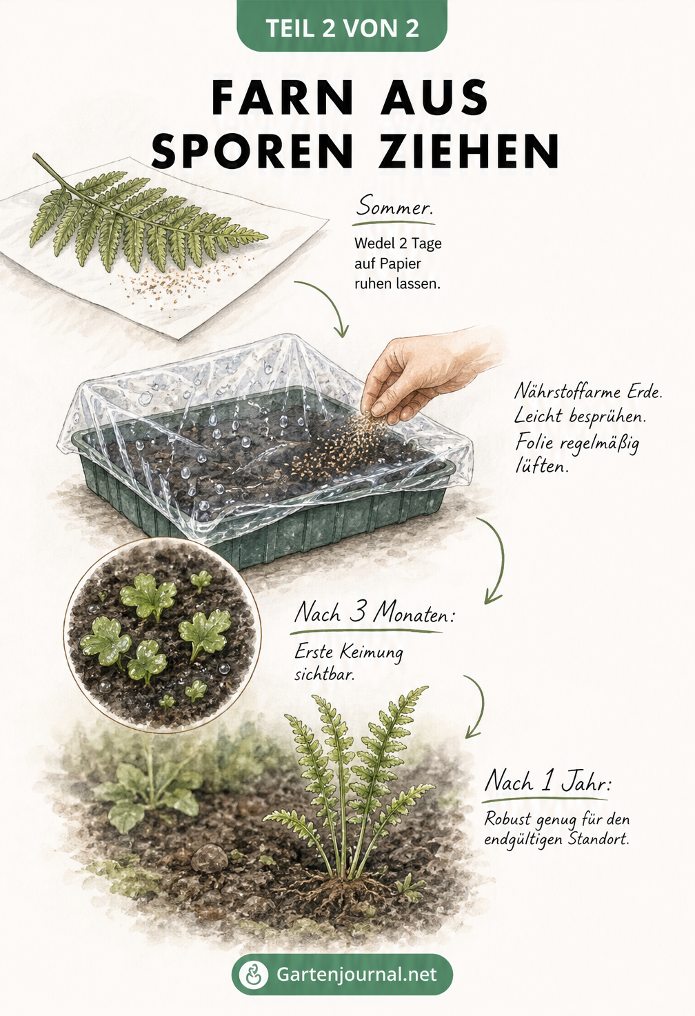 Illustration der Farnvermehrung aus Sporen: Vom Wedel über die Anzuchtschale bis zur Jungpflanze