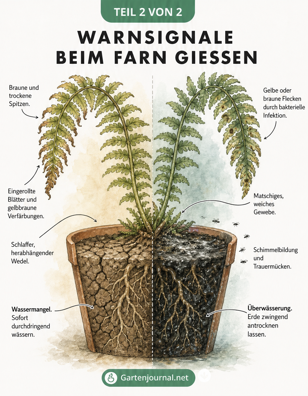 Gegenüberstellung zweier Farnwedel: links vertrocknet durch Wassermangel, rechts matschig durch Überwässerung.