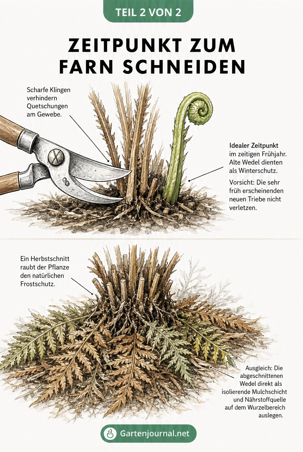 Illustration: Farnschnitt im Frühjahr vs. Herbst mit Gartenschere und Mulchschicht