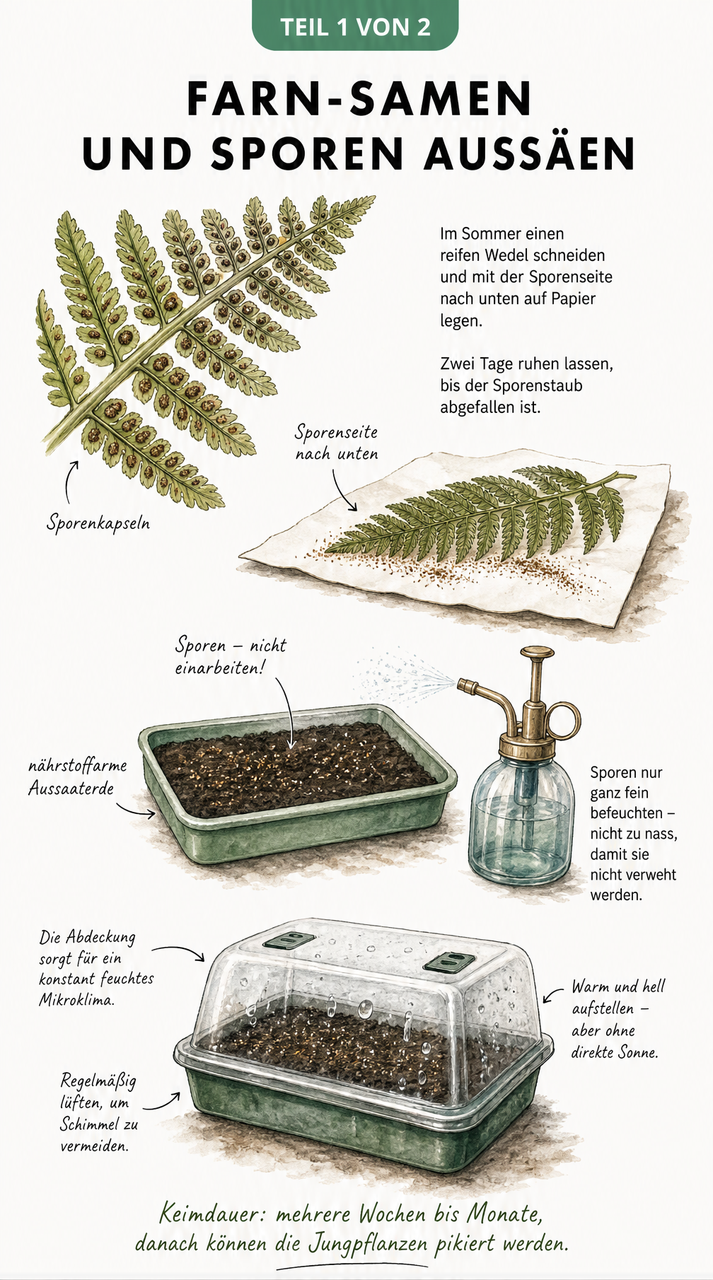 Botanische Zeichnung zur Aussaat von Farn-Sporen in einer Anzuchtschale mit transparenter Haube