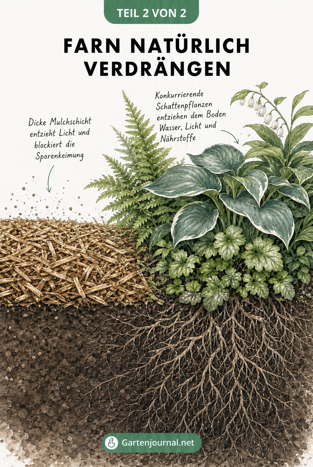 Querschnitt eines Gartenbeets, das die Verdrängung von Farn durch eine dicke Mulchschicht und konkurrierende Schattenpflanzen visualisiert.