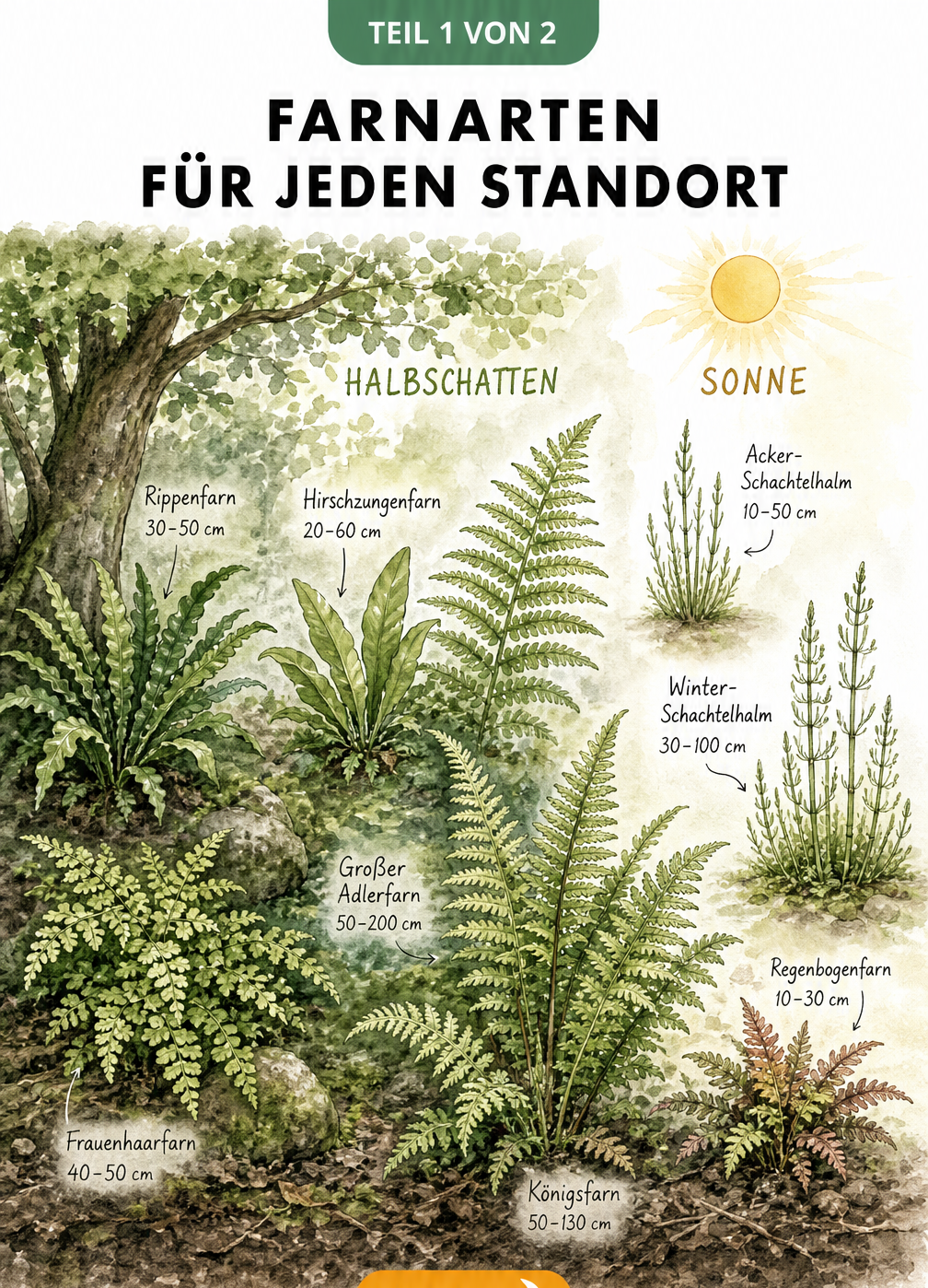 Illustration verschiedener Farnarten für Schatten, Halbschatten und Sonne mit Wuchshöhen