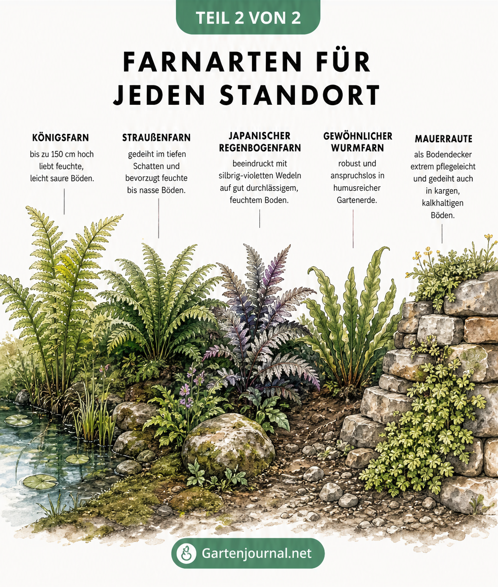 Illustration verschiedener Farnarten von feuchten Teichlandschaften bis zu trockenen Steinmauern