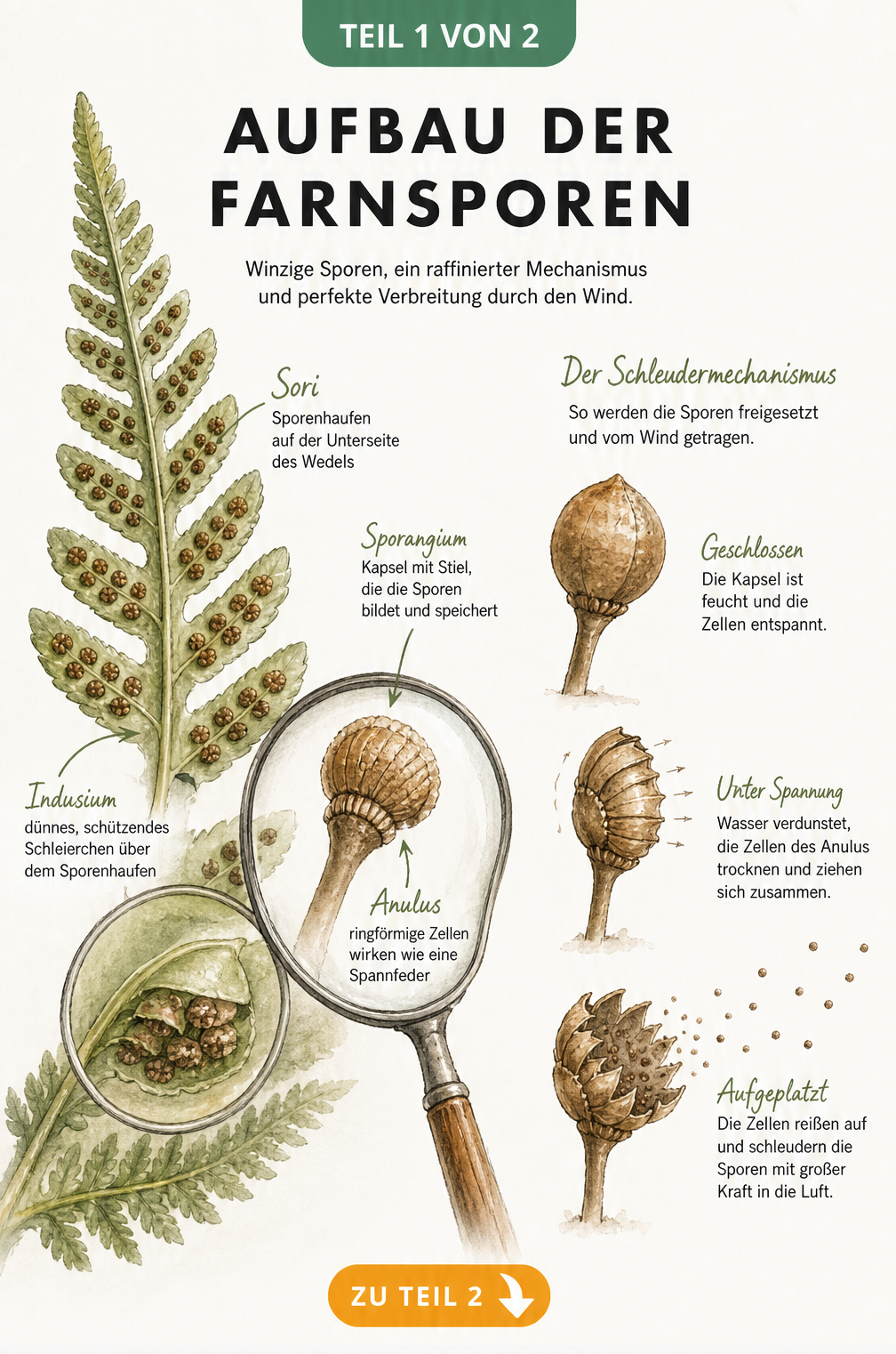 Botanische Illustration eines Farnwedels mit vergrößertem Sporenhaufen, Sporangium und dem Schleudermechanismus der Sporen
