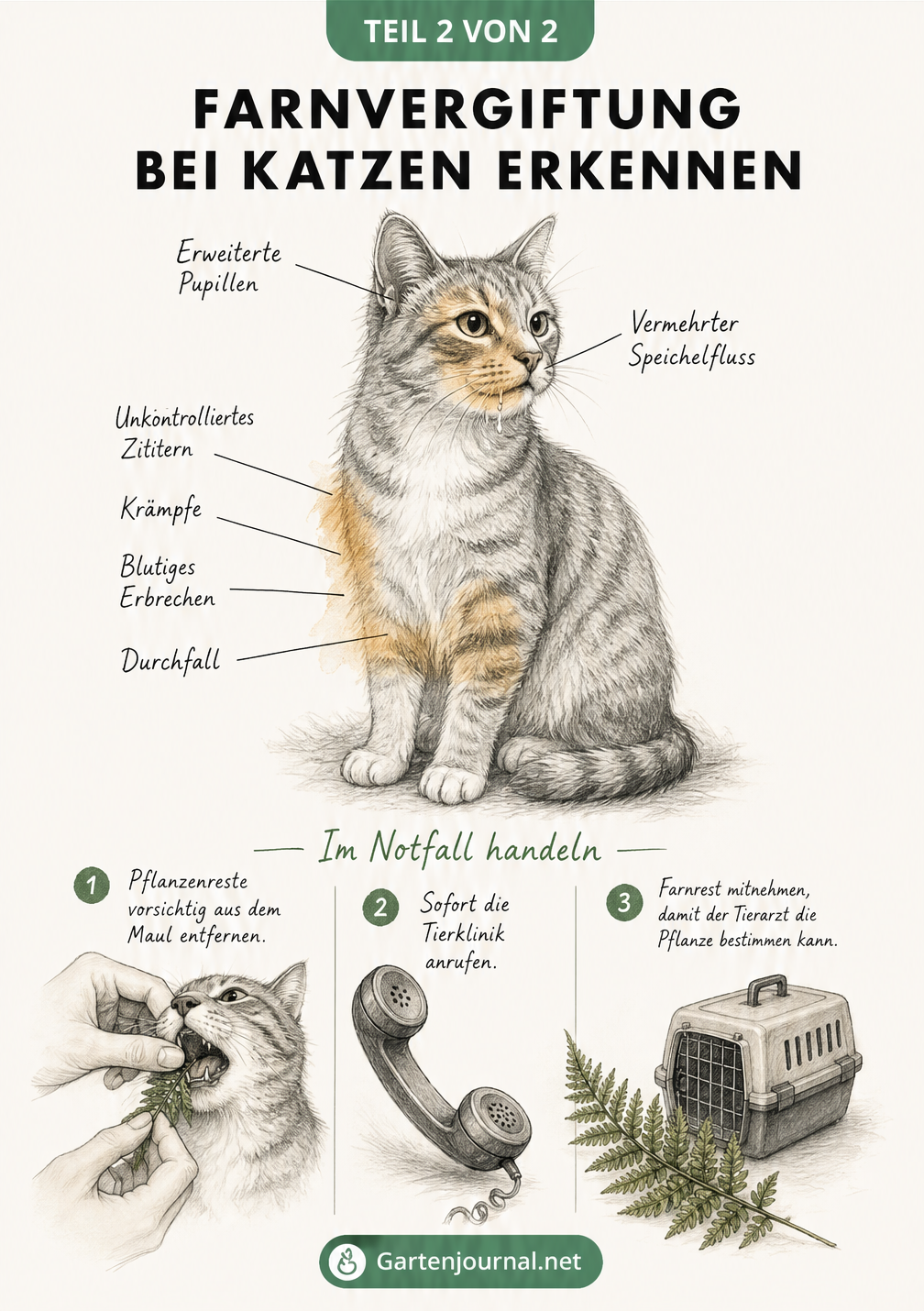 Skizze einer Katze mit Symptomen einer Farnvergiftung wie erweiterten Pupillen, Speichelfluss und Krämpfen sowie Erste-Hilfe-Maßnahmen.