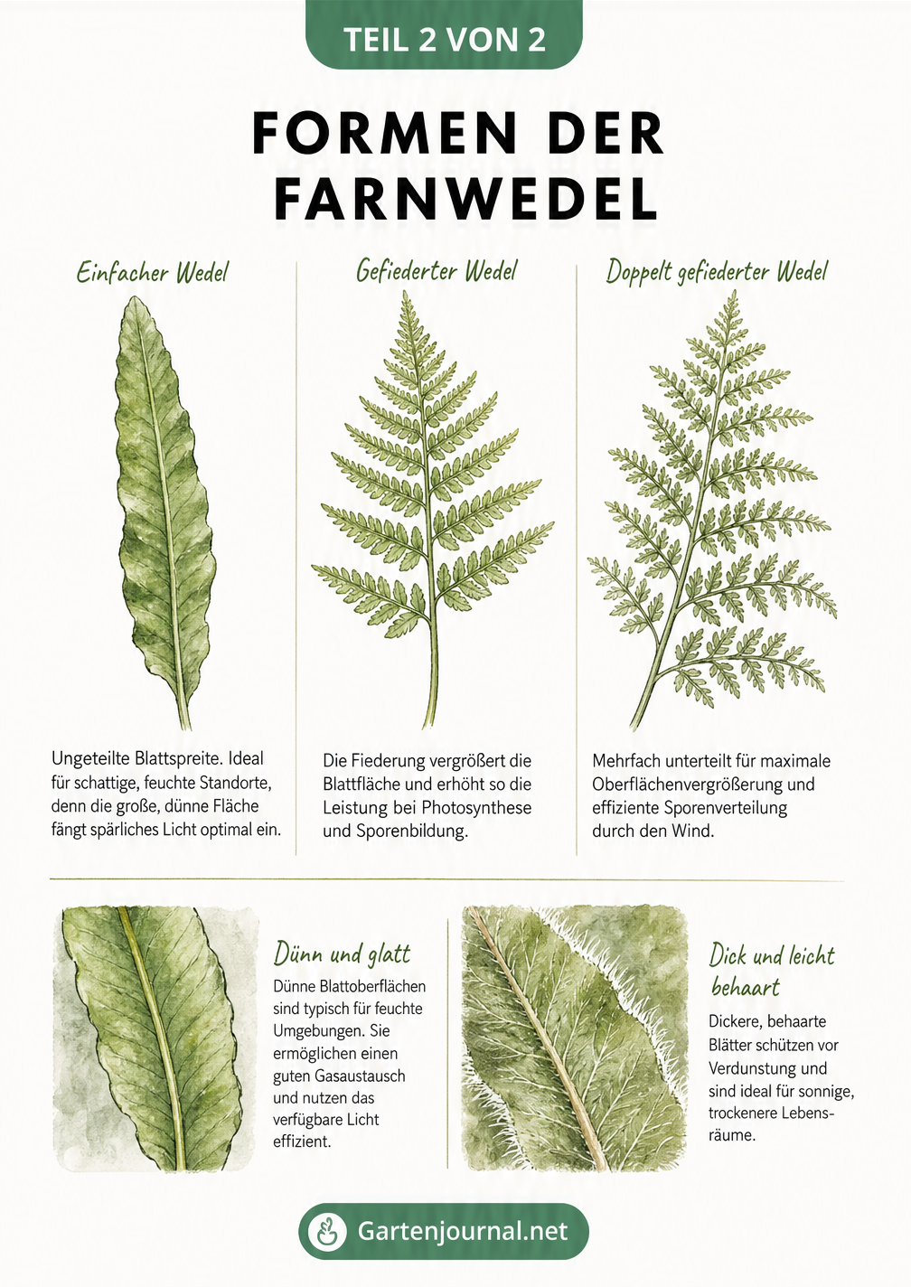 Illustration verschiedener Farnwedel-Formen: einfach, gefiedert und mehrfach gefiedert