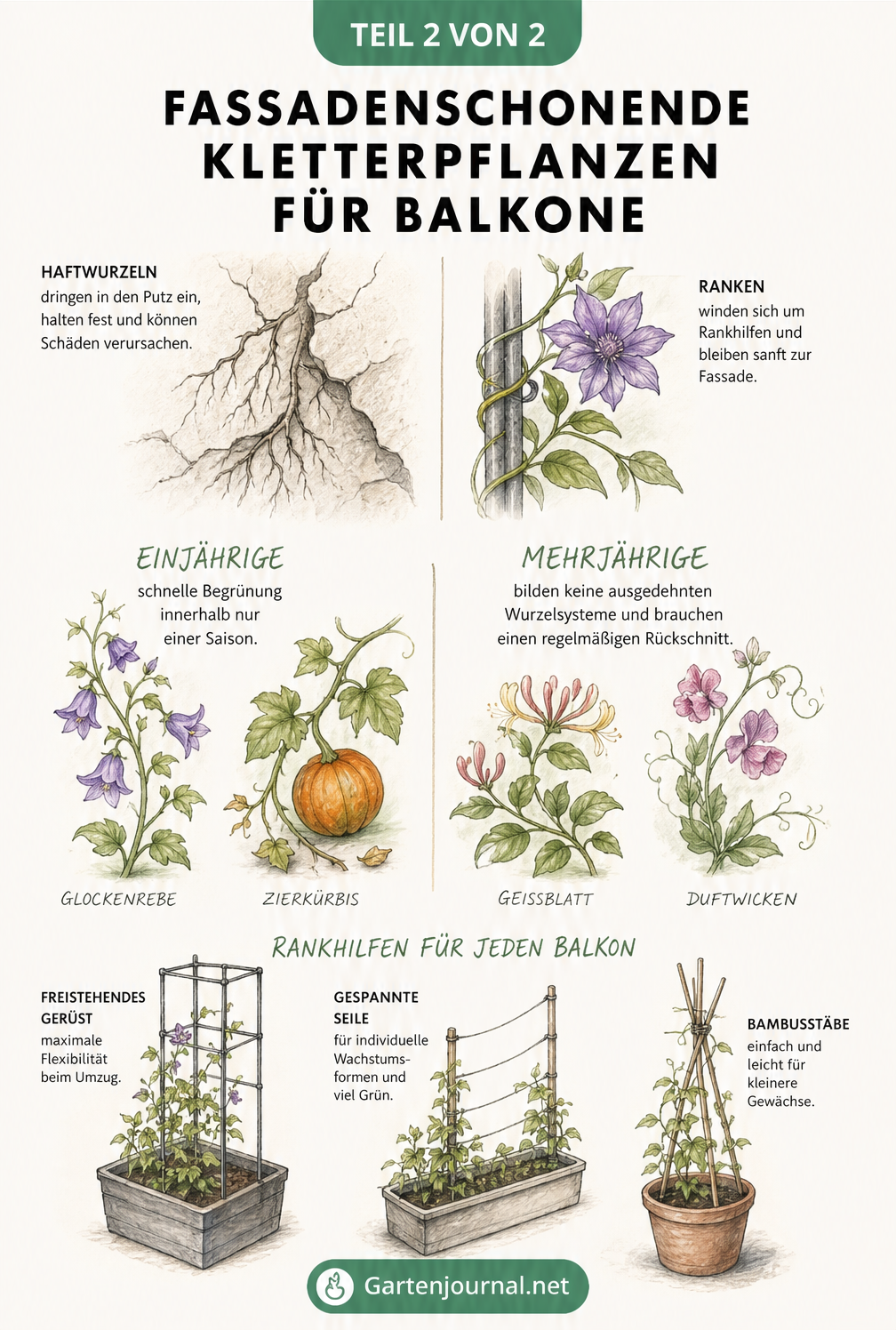 Botanische Lehrtafel mit fassadenschonenden Kletterpflanzen wie Clematis, Glockenrebe und Geißblatt sowie passenden Rankhilfen