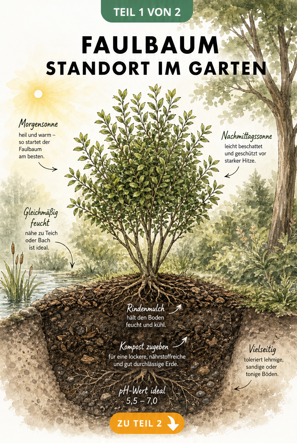 Querschnitt eines Gartens mit einem Faulbaum, der die idealen Standortbedingungen wie Morgensonne, feuchten Boden, Rindenmulch und einen pH-Wert von 5,5 bis...