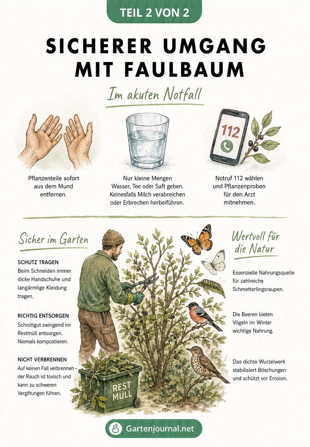 Illustration zur Ersten Hilfe bei einer Faulbaum-Vergiftung und zum sicheren Umgang beim Schneiden des Strauchs im Garten.