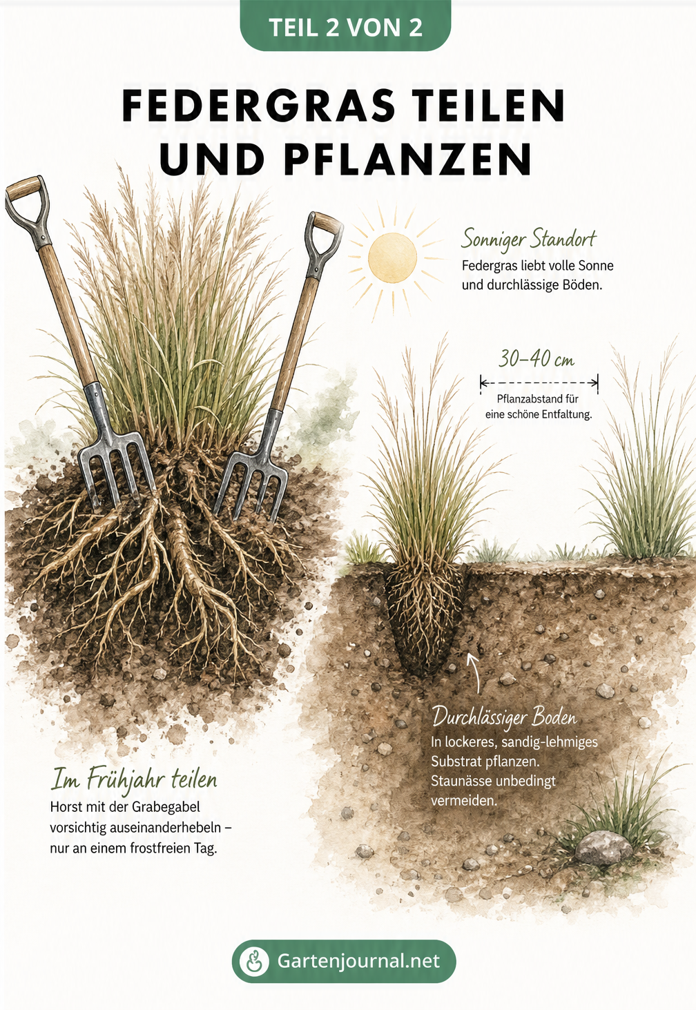 Zeichnung zur Teilung eines Federgras-Wurzelballens mit Grabegabeln und dem Einpflanzen am sonnigen Standort