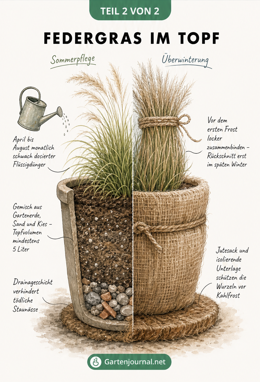 Illustration eines Pflanzkübels mit Federgras im Querschnitt, die Sommerpflege und Überwinterung zeigt.