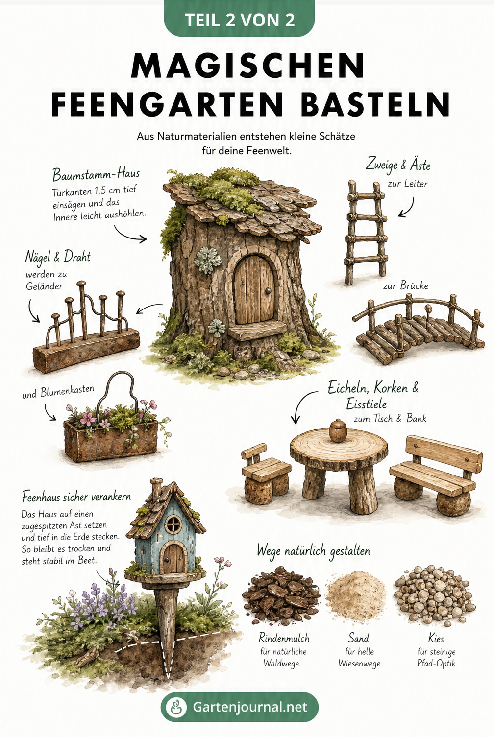 Illustration von Bastelmaterialien für den Feengarten wie Äste, Rinde und Eicheln, die zu Miniaturmöbeln verarbeitet werden