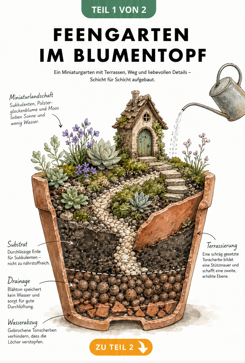 Querschnitt eines Feengartens im Blumentopf mit Dränage, Erde, Sukkulenten und Miniaturhaus