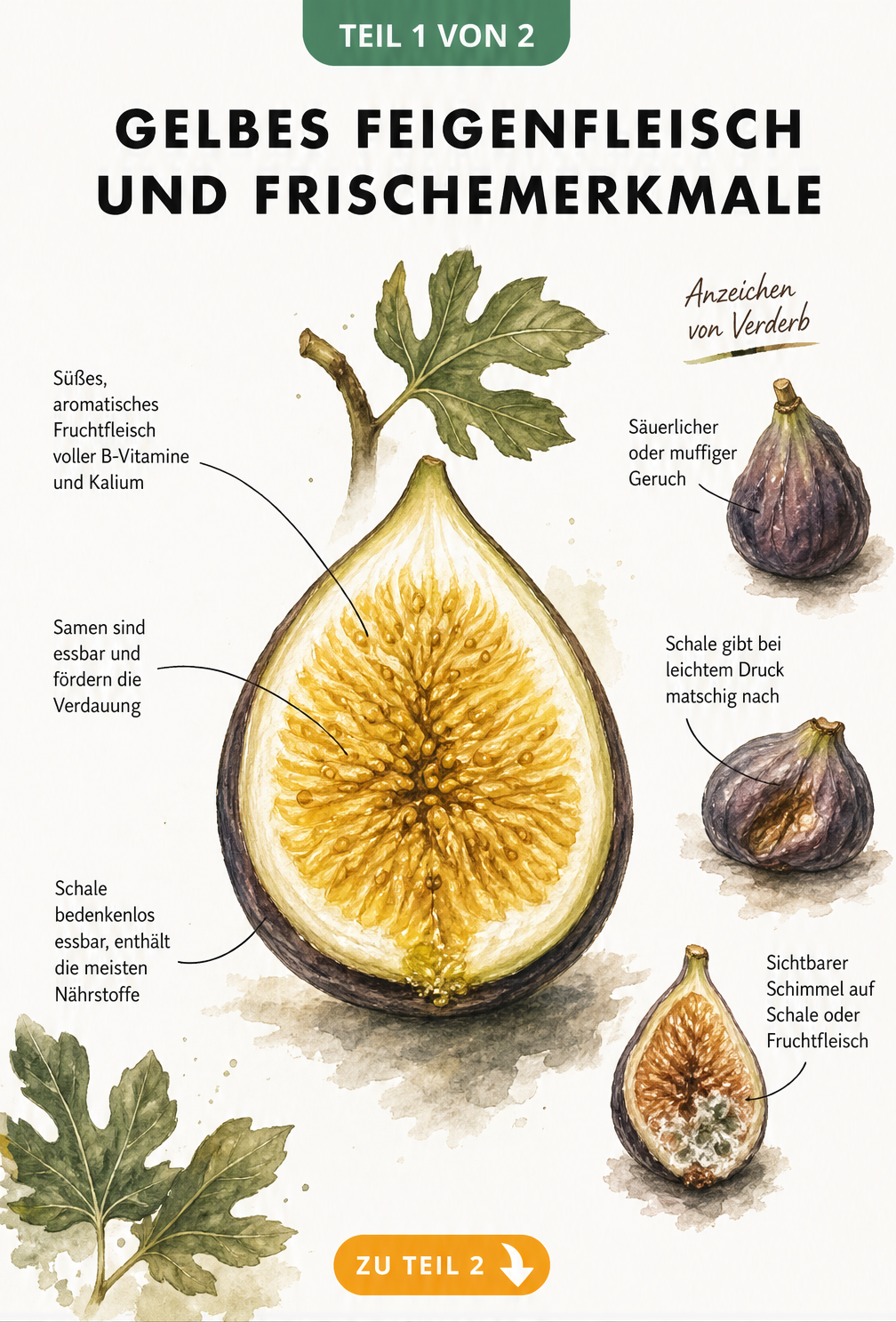 Botanische Illustration einer aufgeschnittenen Feige mit gelbem Fruchtfleisch, die Frischemerkmale und Verderb zeigt