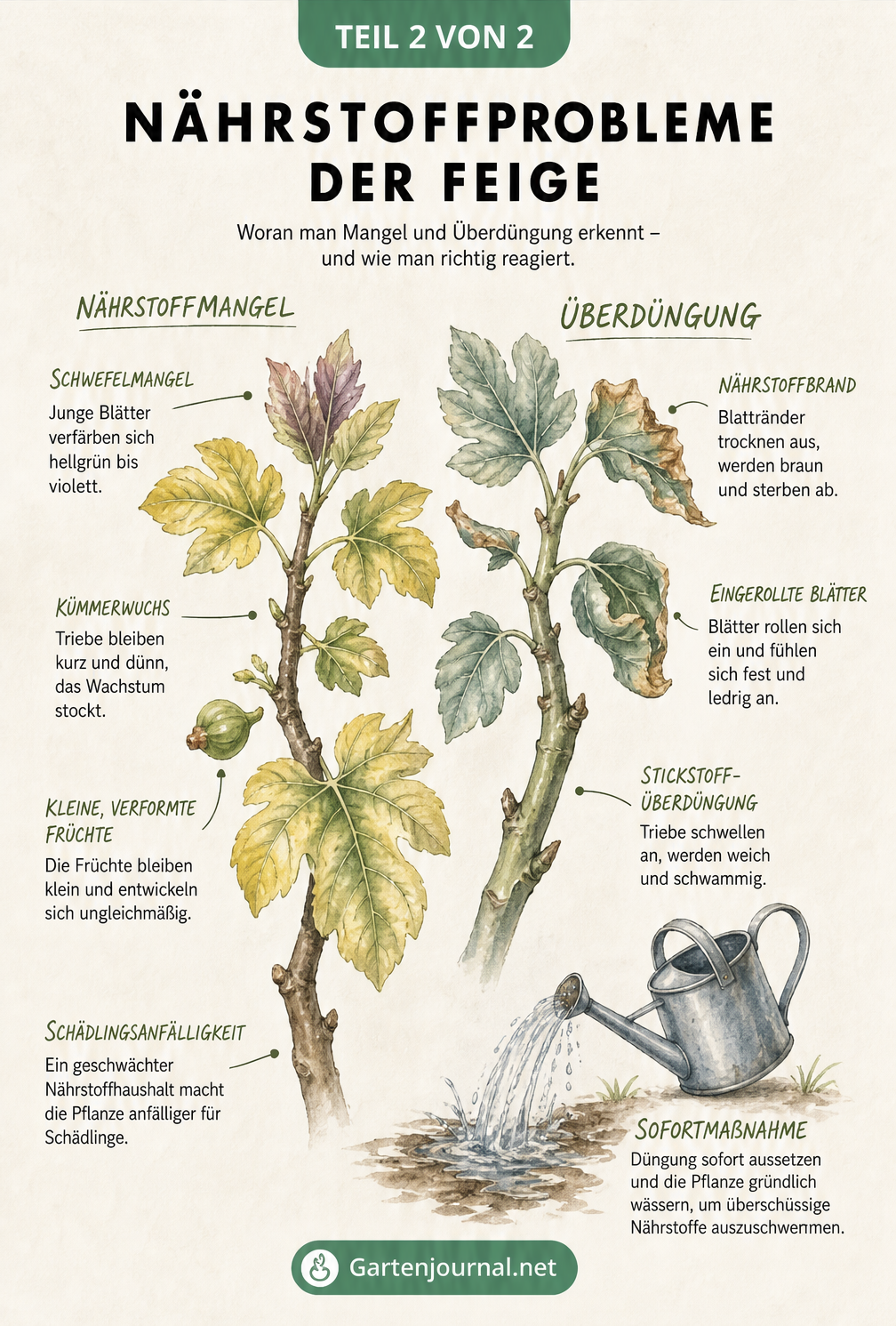 Aquarell-Zeichnung von Feigenzweigen, die Symptome von Nährstoffmangel und Überdüngung zeigen