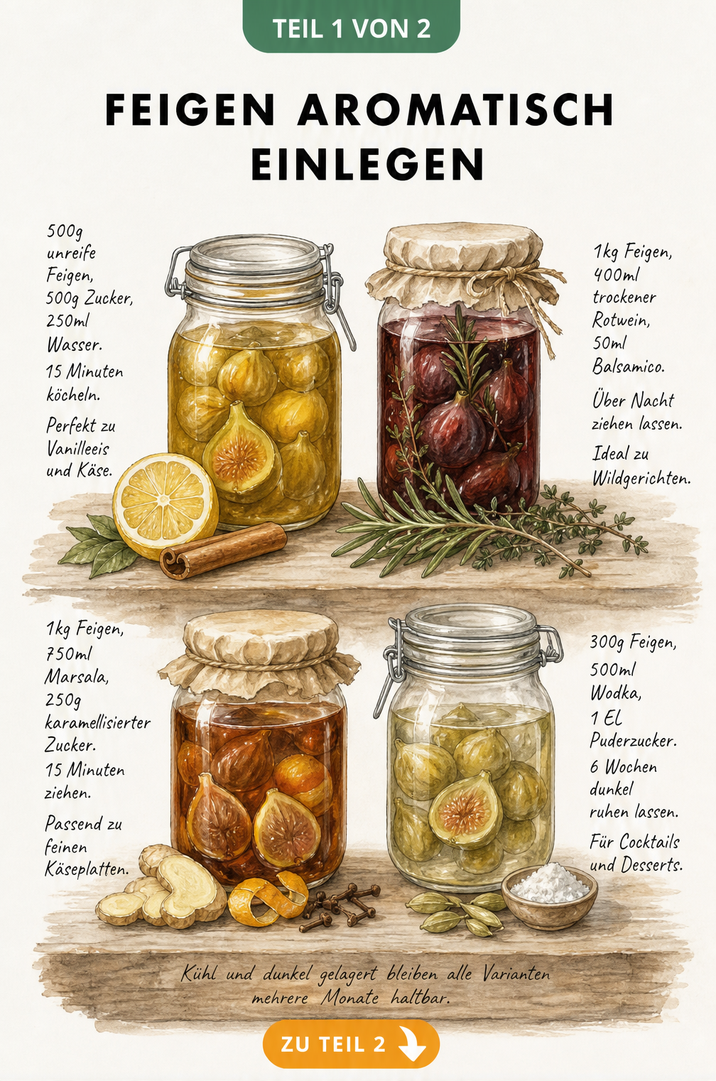 Vier Einmachgläser mit eingelegten Feigen in Sirup, Rotwein, Marsala und Wodka auf einem Holzbord