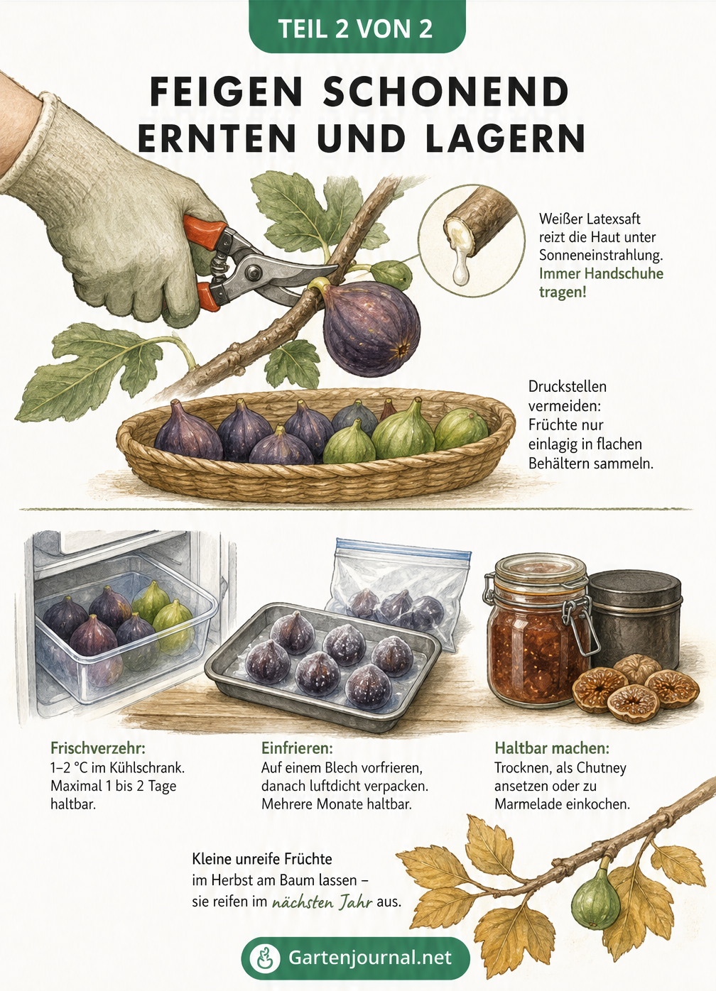 Illustration zum schonenden Ernten von Feigen mit Gartenschere und Handschuhen sowie Tipps zur Lagerung im Kühlschrank, Einfrieren und Haltbarmachen
