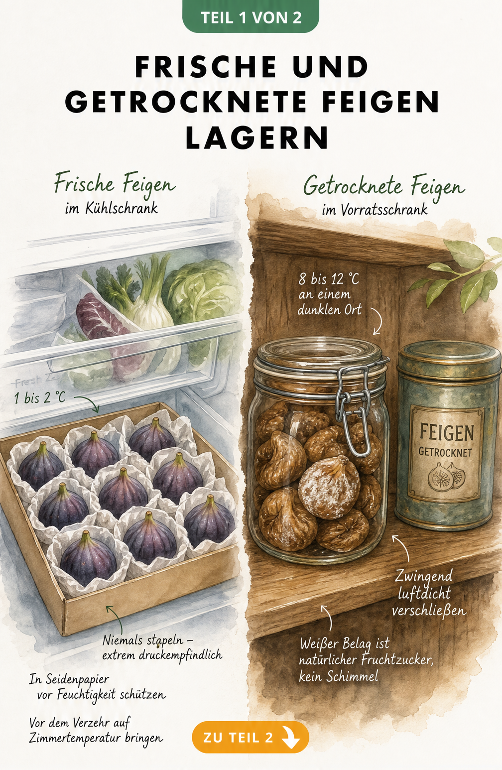 Illustration zur Lagerung von frischen und getrockneten Feigen im Kühlschrank und Vorratsregal