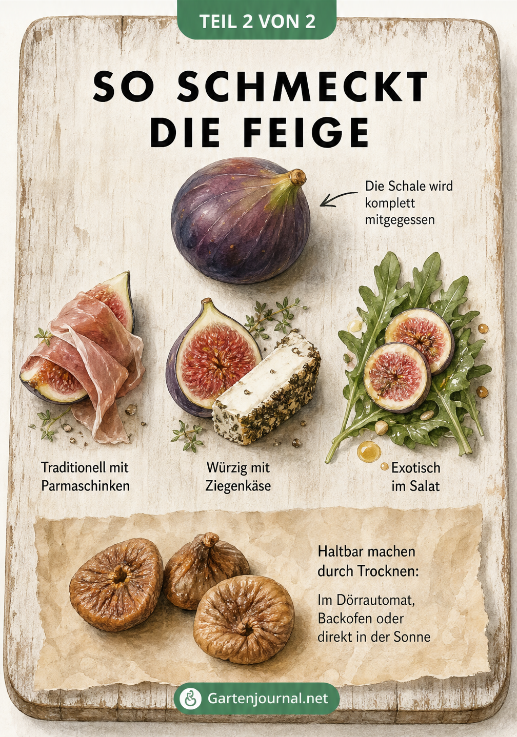 Illustration von Feigen-Rezepten mit Schinken, Ziegenkäse und Rucola sowie getrockneten Feigen