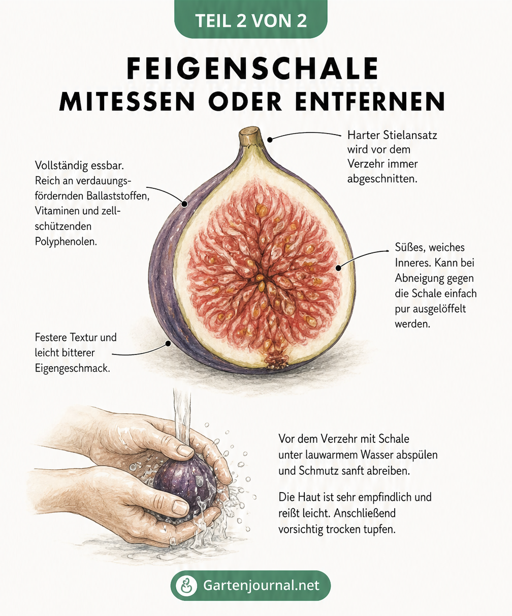 Drei Methoden zum Schälen von Feigen: mit einem Messer, mit den Händen abziehen und mit einem Löffel aushöhlen.