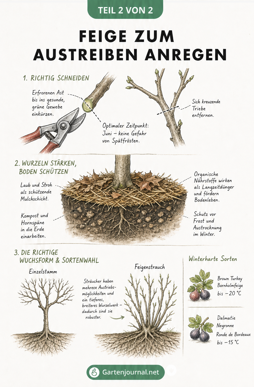 Illustration von Pflegemaßnahmen für Feigenbäume: Rückschnitt im Juni, Mulchen mit Laub und Kompost sowie der Vergleich von Baum- und Strauchform mit...