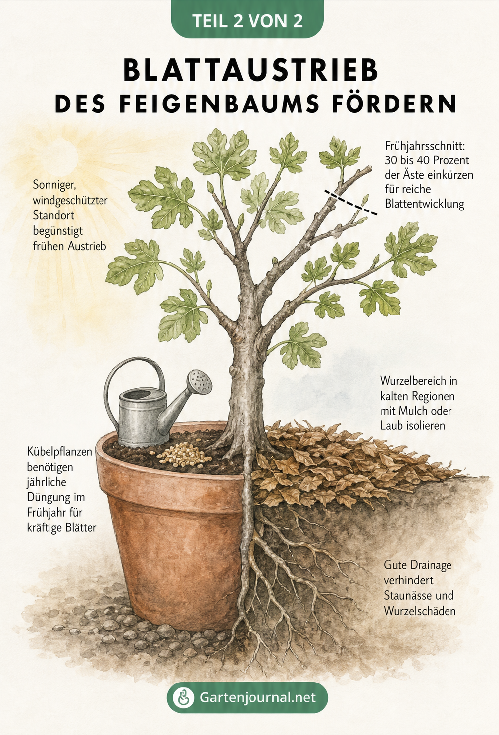 Illustration eines Feigenbaums im Kübel und Freiland mit Tipps zu Schnitt, Standort, Mulch und Düngung für einen frühen Blattaustrieb.