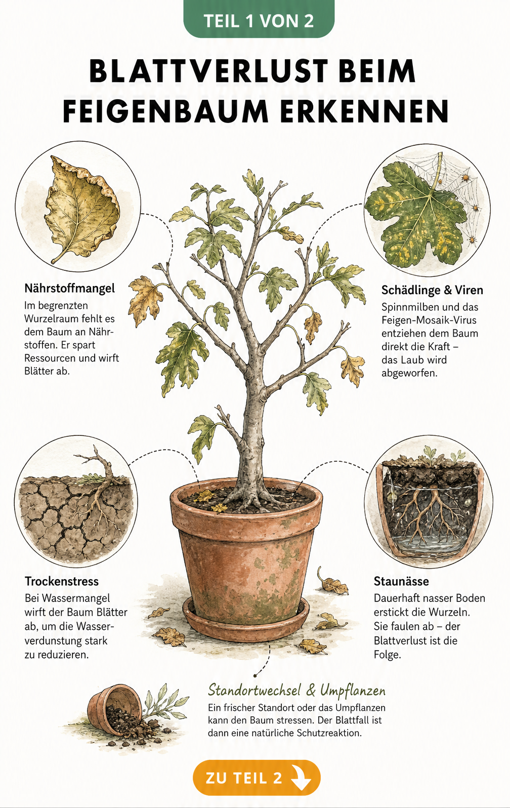 Botanische Illustration eines Feigenbaums im Kübel, der Blätter verliert, mit Detailansichten zu Nährstoffmangel, Schädlingen, Trockenstress und Staunässe.
