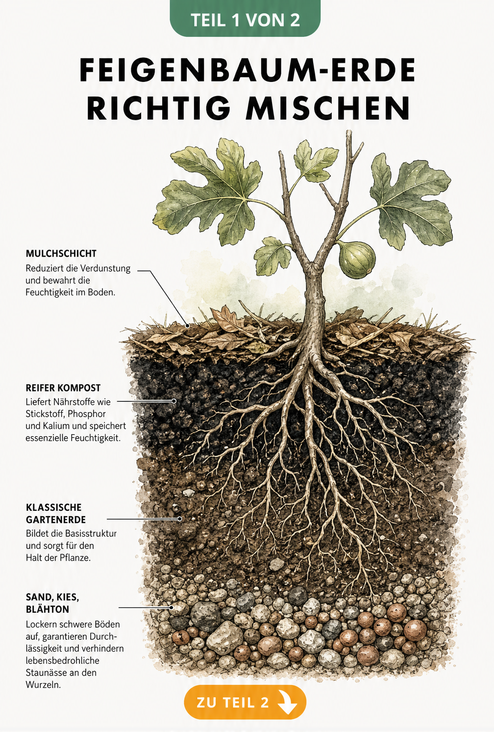 Botanische Illustration eines Feigenbaum-Wurzelballens mit den optimalen Erdschichten aus Mulch, Kompost, Gartenerde und Sand zur Drainage.