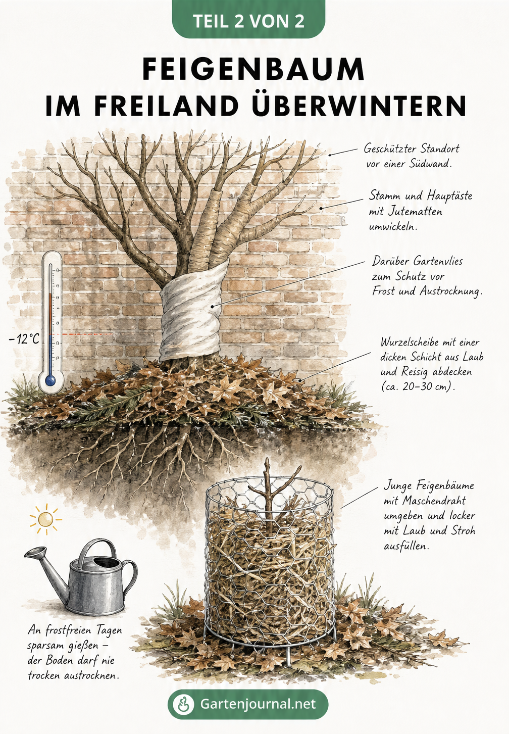 Botanische Zeichnung eines Feigenbaums im Freiland mit Winterschutz aus Mulch, Jutematten und Gartenvlies