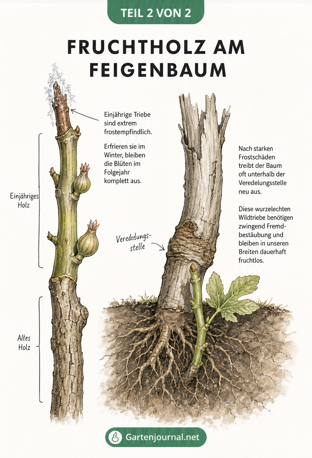 Illustration von Fruchtholz und Wurzelhals eines Feigenbaums, die Frostschäden und Wildtriebe erklärt
