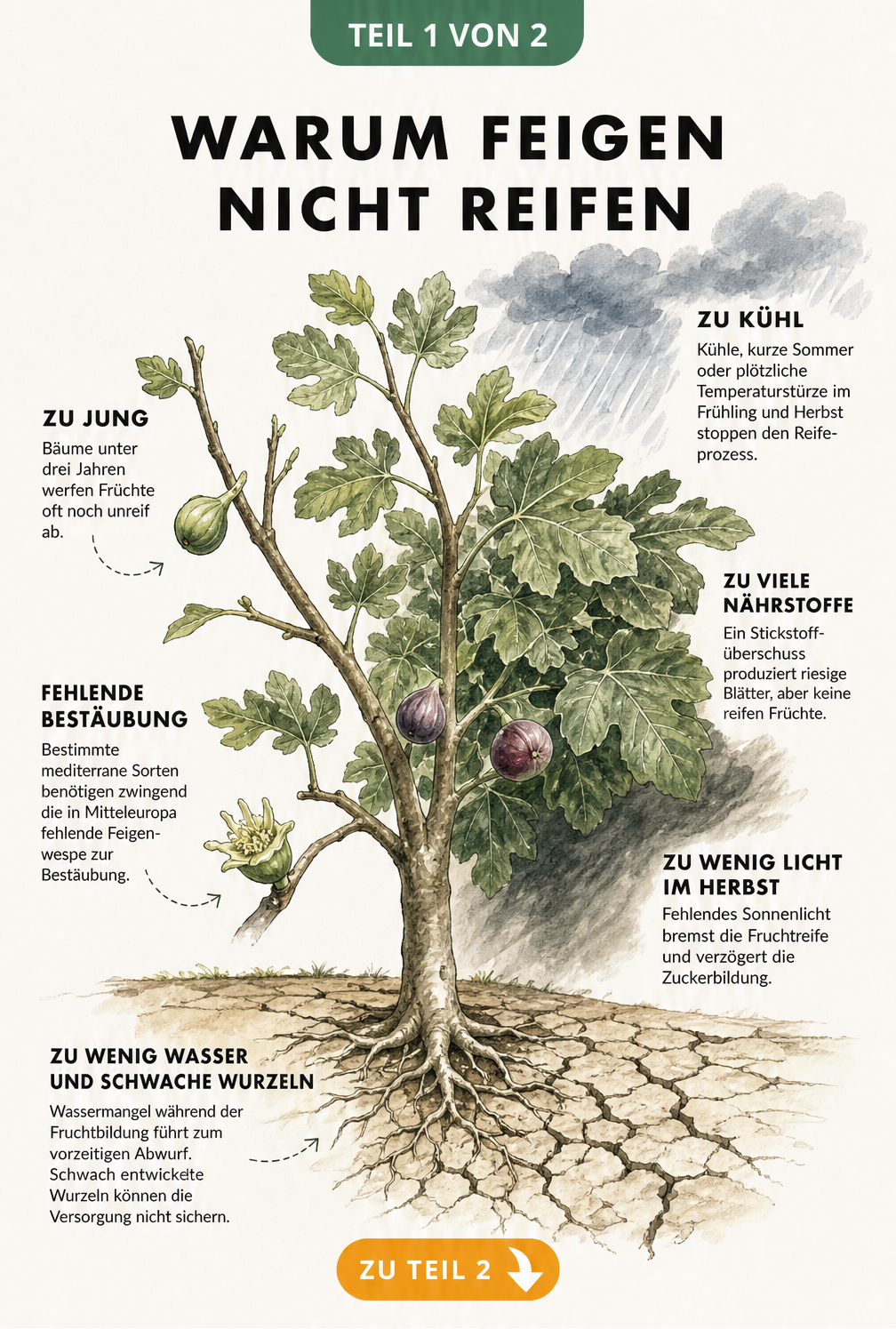 Botanische Illustration eines Feigenbaums, die Ursachen für unreife Früchte wie kühles Wetter, Nährstoffmangel und fehlende Bestäubung zeigt