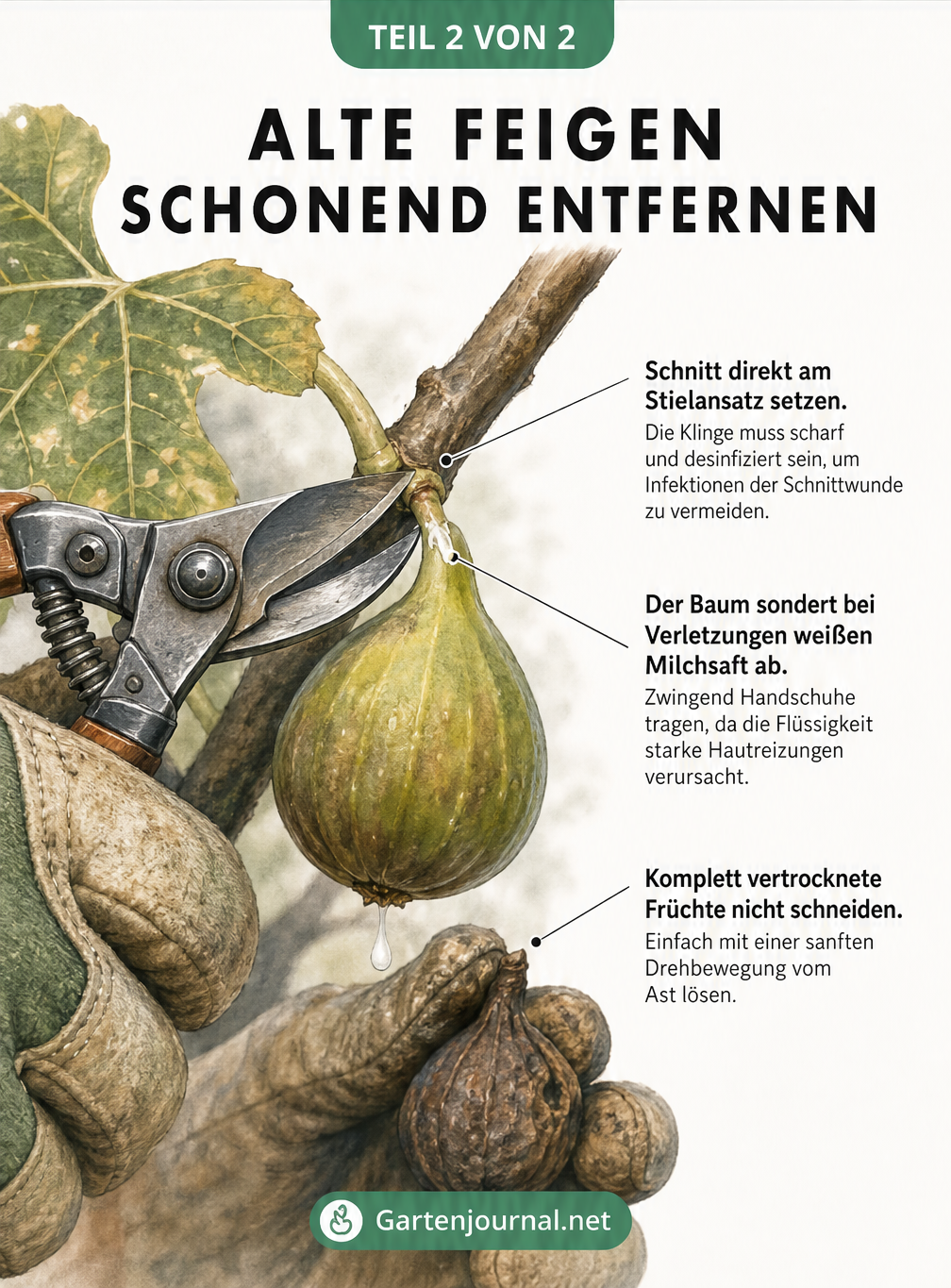 Nahaufnahme einer Hand in Gartenhandschuhen, die mit einer Gartenschere eine Feige am Stielansatz abschneidet.