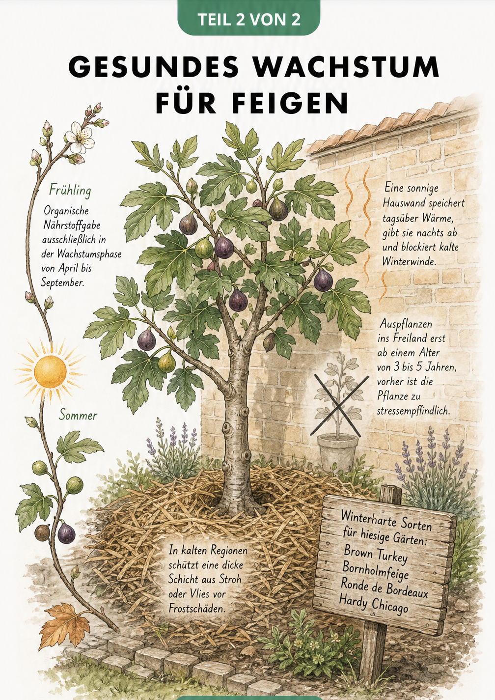 Illustration eines gesunden Feigenbaums an einer sonnigen Hauswand mit Tipps zu Standort, Winterschutz, Düngung und winterharten Sorten
