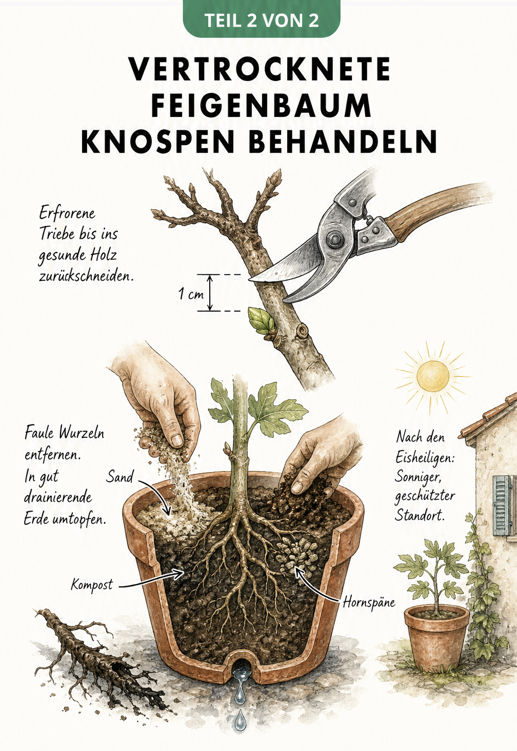 Skizze zur Behandlung vertrockneter Feigenbaum-Knospen: Rückschnitt erfrorener Triebe über einer gesunden Knospe und Umtopfen in gut drainierende Erde.