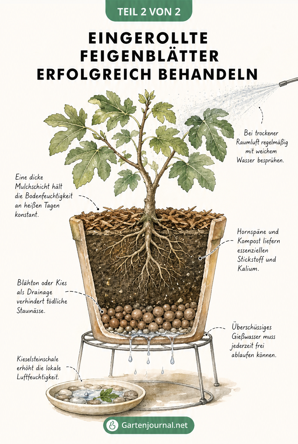 Schnittzeichnung eines Feigenbaums im Kübel mit Drainage, Mulchschicht, Dünger und Maßnahmen zur Erhöhung der Luftfeuchtigkeit.