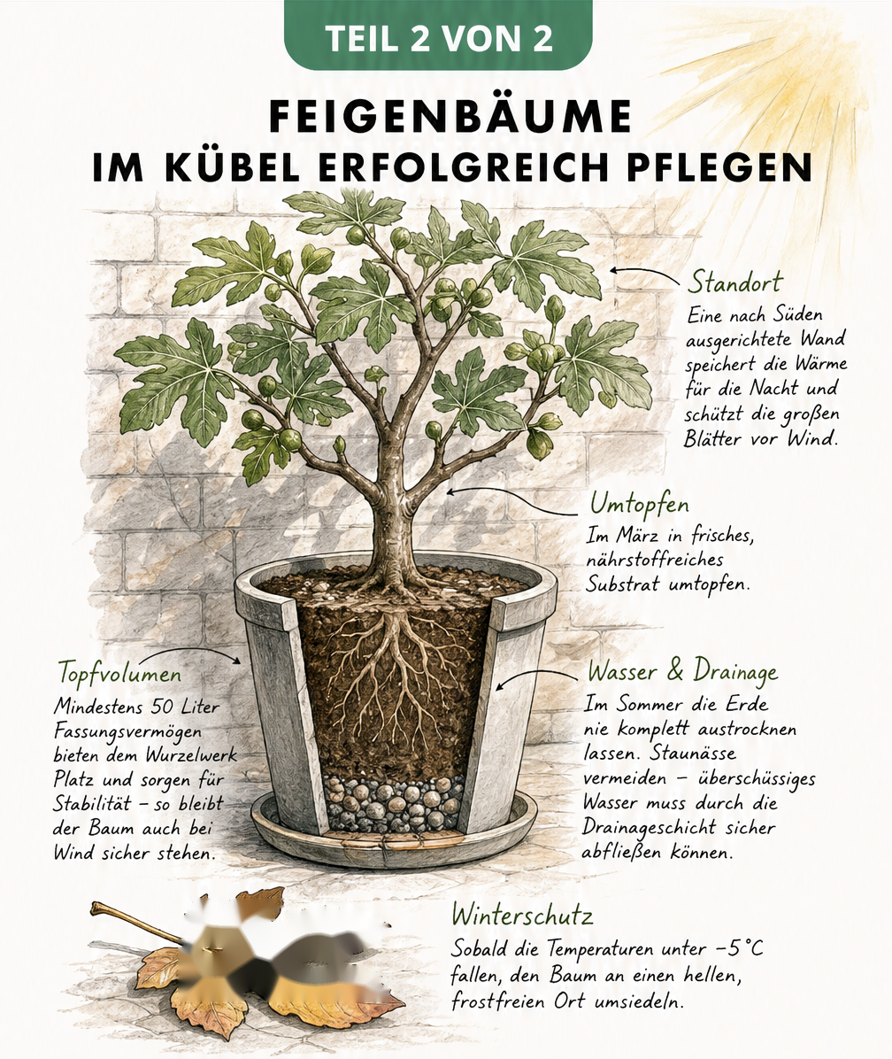 Schnittzeichnung eines Feigenbaums im Kübel vor einer sonnigen Hauswand mit Hinweisen zu Standort, Umtopfen, Topfgröße, Drainage und Winterschutz.